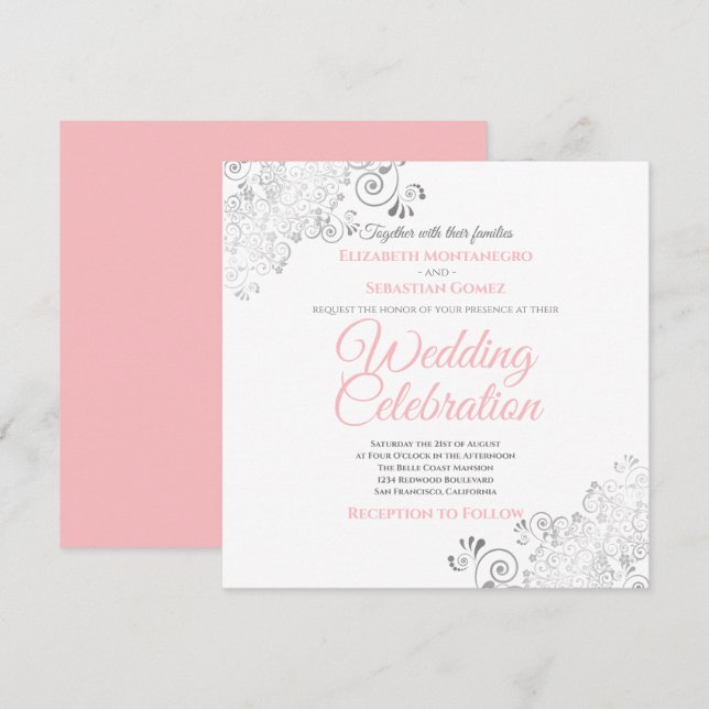 Silver Filigree Elegant Pink Grey Square Wedding Invitation (Front/Back)