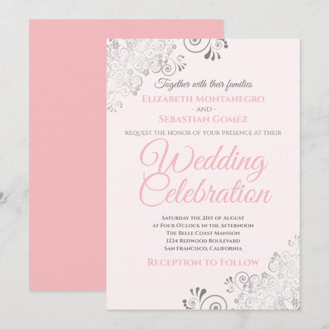 Silver Filigree Elegant Simple Pink Wedding Invitation (Front/Back)