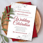 Silver Filigree Elegant Simple Red & White Wedding Invitation<br><div class="desc">Invite your guests to share in your wedding celebration with these chic elegant invitations. Features red and gray elegant script text on a white background with silver floral faux foil filigree in the corners. Simple design with formal wording to make your wedding truly special.</div>