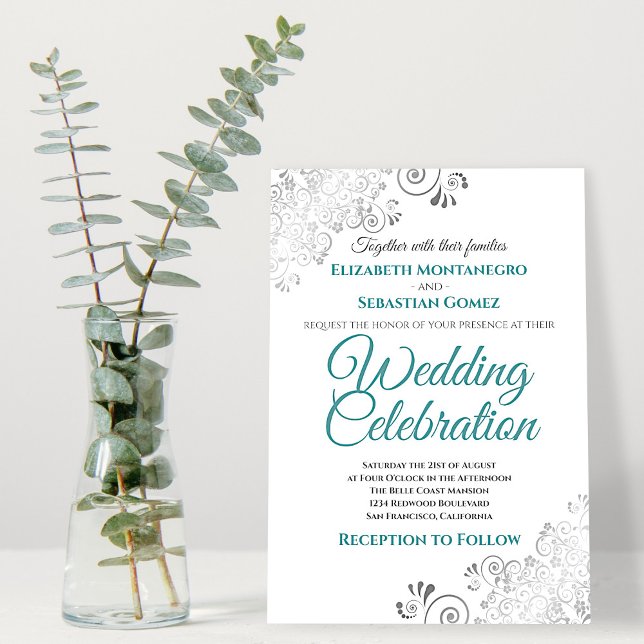 Silver Filigree Elegant Simple Teal & Grey Wedding Invitation (Creator Uploaded)