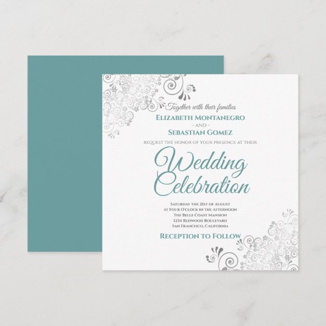Silver Filigree Elegant Teal & Grey Square Wedding Invitation (Front/Back)