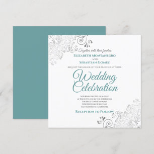 Silver Filigree Elegant Teal & Grey Square Wedding Invitation