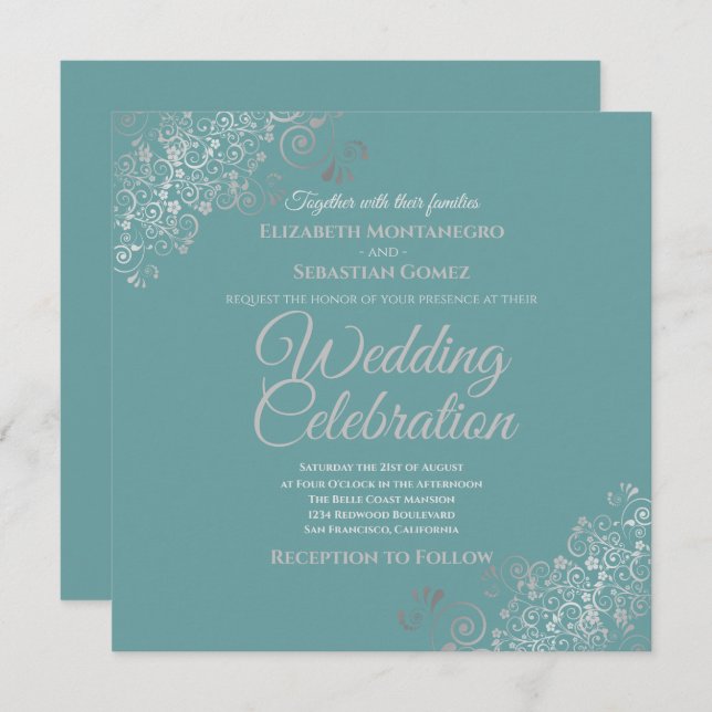 Silver Filigree Elegant Teal Square Wedding Invitation (Front/Back)