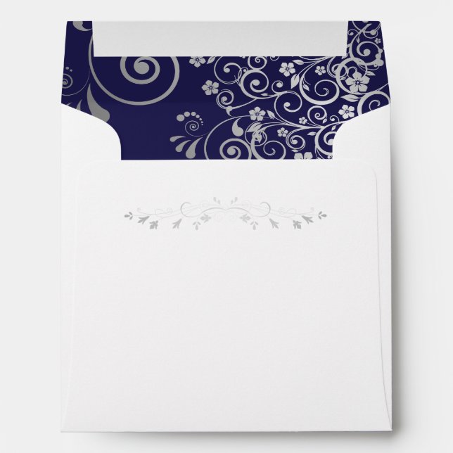 Silver Filigree Frills on Navy Blue Square Wedding Envelope (Back (Bottom))