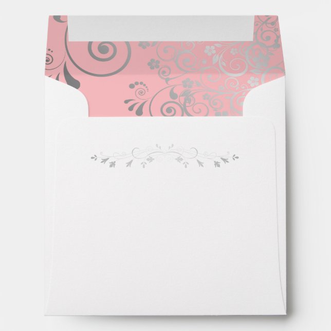 Silver Filigree Frills on Pink Square Wedding Envelope (Back (Bottom))
