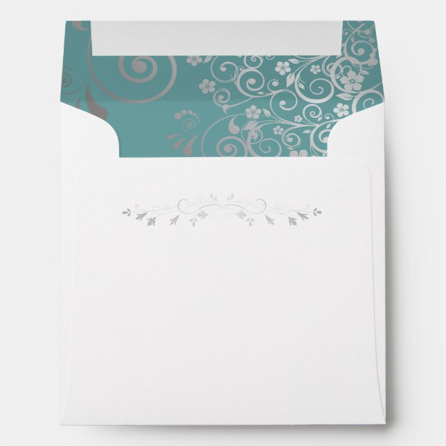 Silver Filigree Frills on Teal Square Wedding Envelope (Back (Bottom))