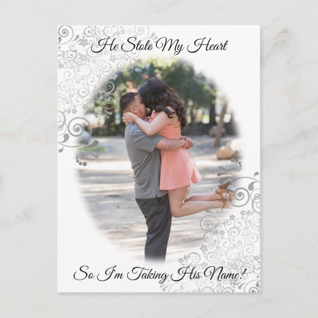Silver Filigree He Stole My Heart Save Date Card (Front)