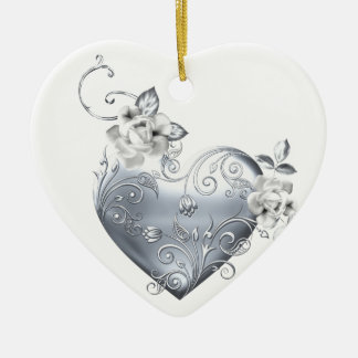 Silver Filigree Heart & White Roses Ceramic Tree Decoration