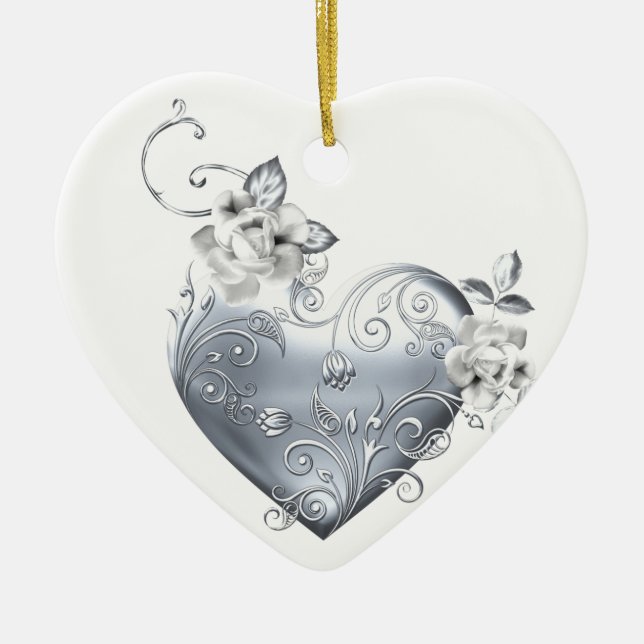 Silver Filigree Heart & White Roses Ceramic Tree Decoration (Front)