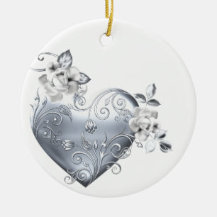 Silver Filigree Heart & White Roses Ceramic Tree Decoration