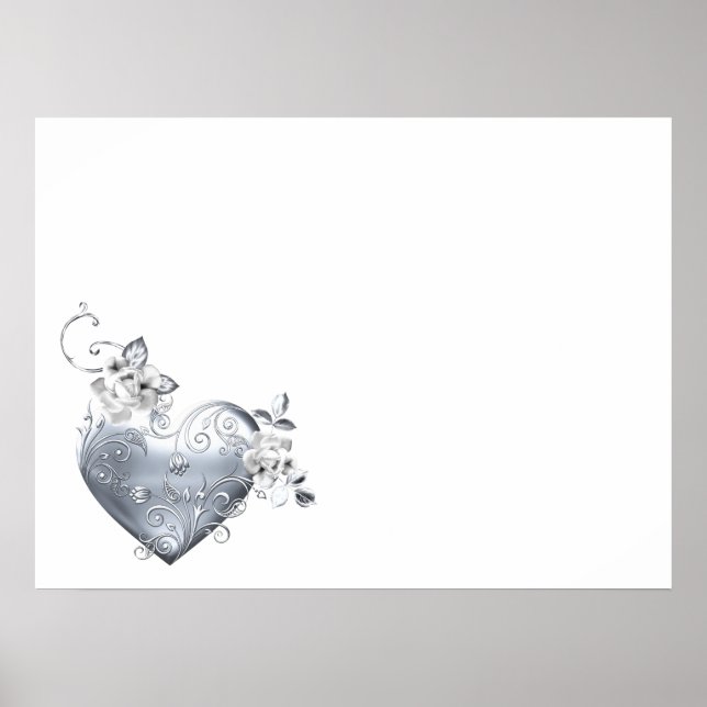 Silver Filigree Heart & White Roses Poster (Front)