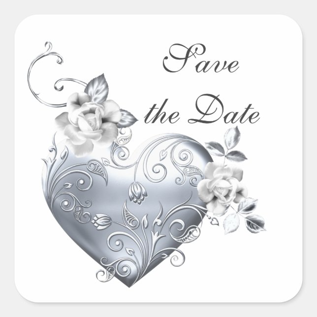 Silver Filigree Heart & White Roses Square Sticker (Front)