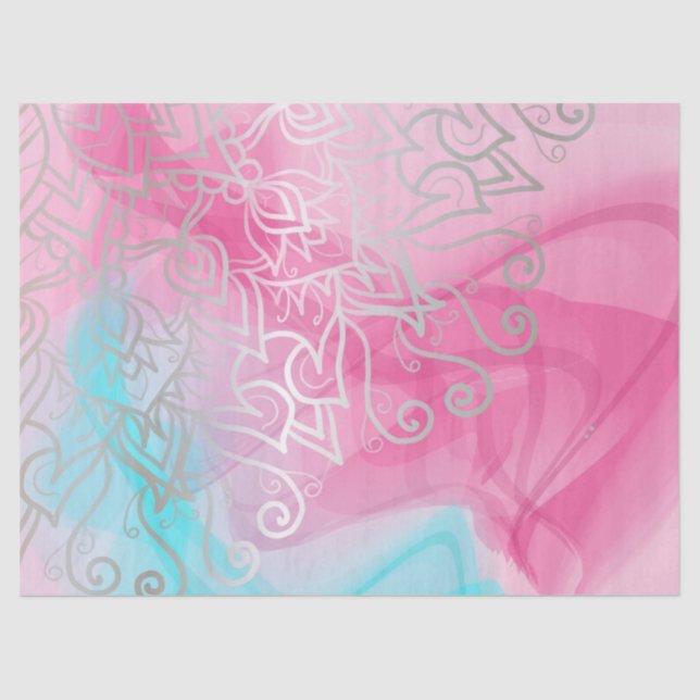Silver Filigree Henna Ornaments On Pink Turquoise  Tissue Paper (Front)