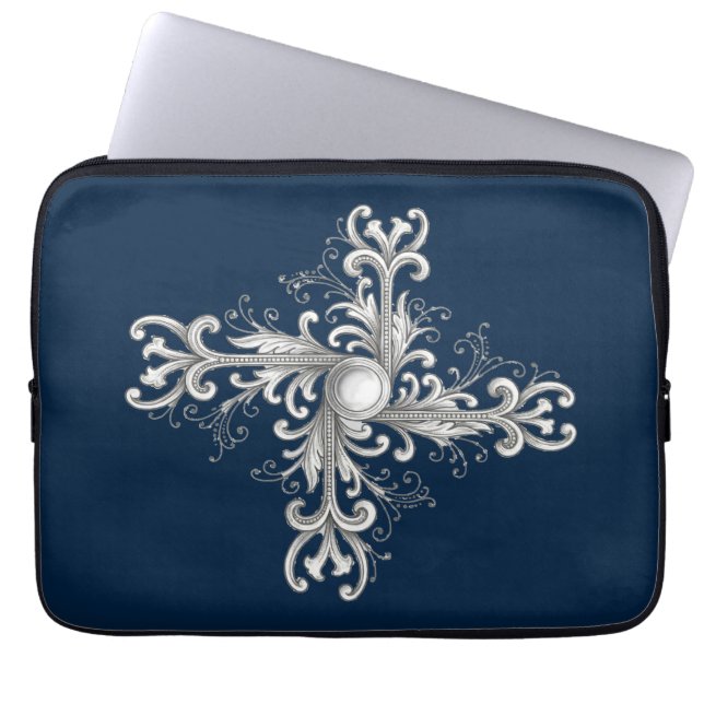 Silver Filigree Pearl Quatrefoil Laptop Sleeve (Front)