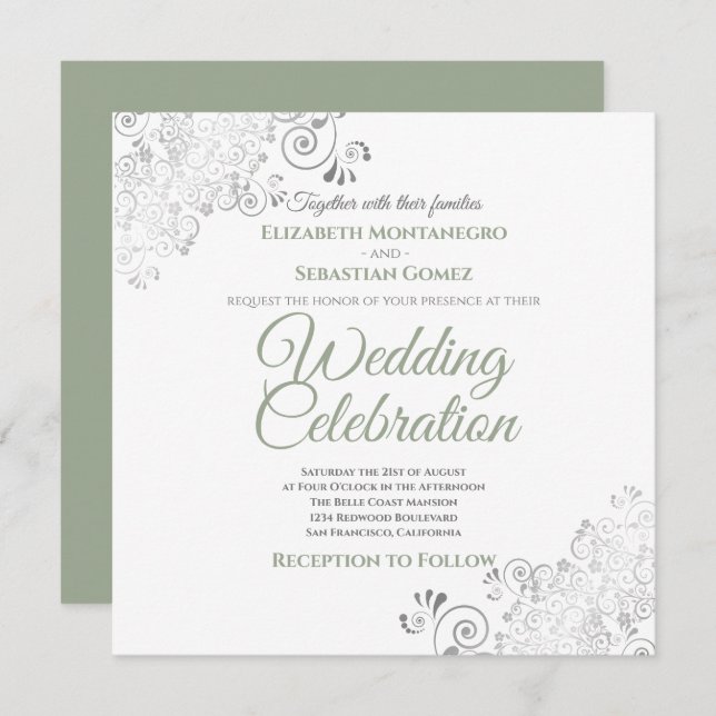 Silver Filigree Sage Green & White Square Wedding Invitation (Front/Back)