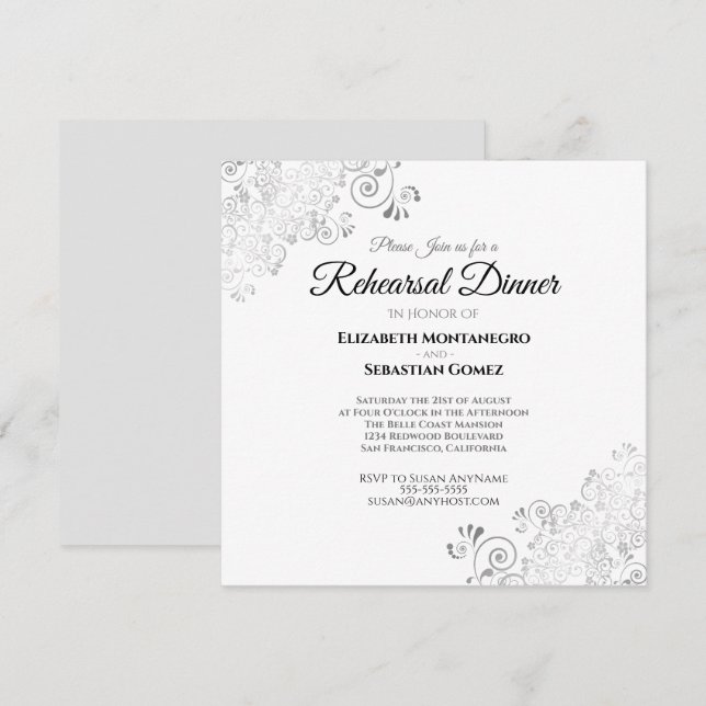 Silver Filigree Square Wedding Rehearsal Dinner Invitation (Front/Back)