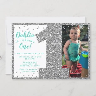 Silver First Birthday Invitation, Faux Glitter Invitation