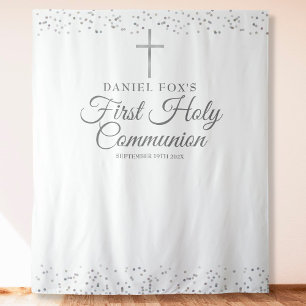 Silver First Holy Communion Photo Backdrop Tapestry