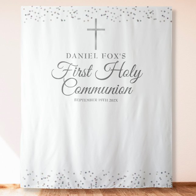 Silver First Holy Communion Photo Backdrop Tapestry (Creator Uploaded)
