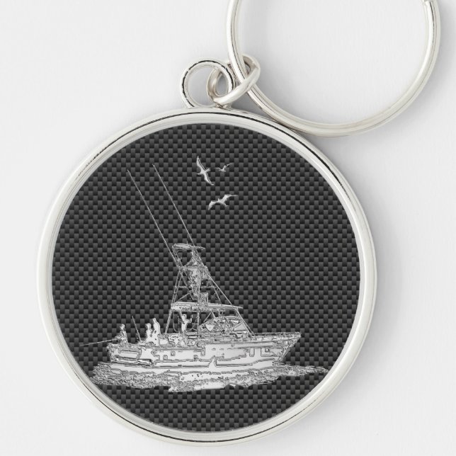 Silver Fishing Boat on Carbon Fibre Key Ring (Front)