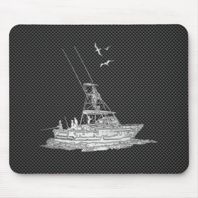 Silver Fishing Boat on Carbon Fibre Mouse Mat (Front)