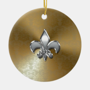 Silver Fleur-De-Lis on Gold Damask Ceramic Tree Decoration