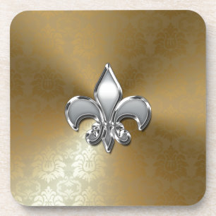 Silver Fleur-De-Lis on Gold Damask Coaster