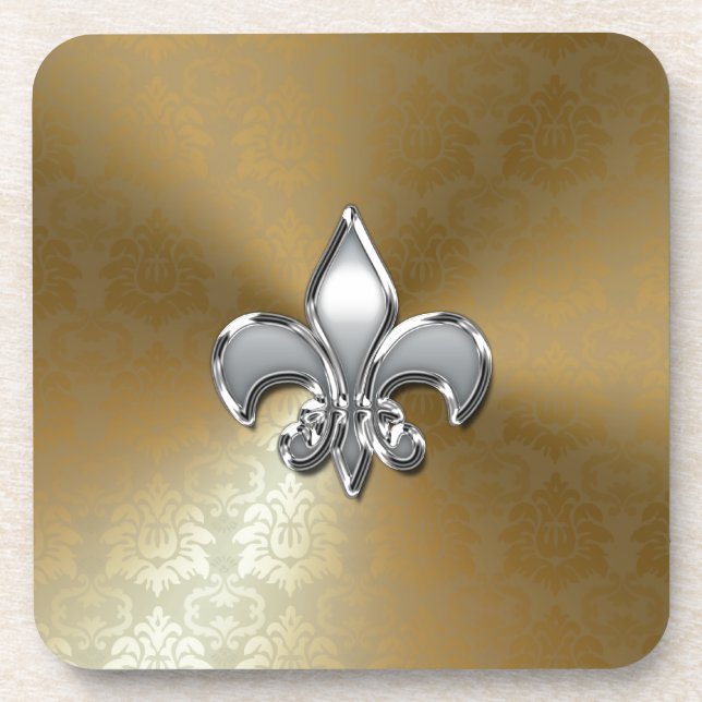 Silver Fleur-De-Lis on Gold Damask Coaster (Front)