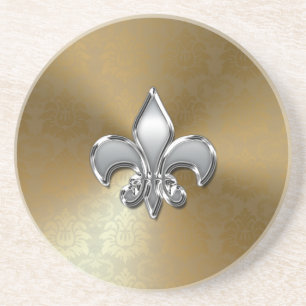 Silver Fleur-De-Lis on Gold Damask Coaster