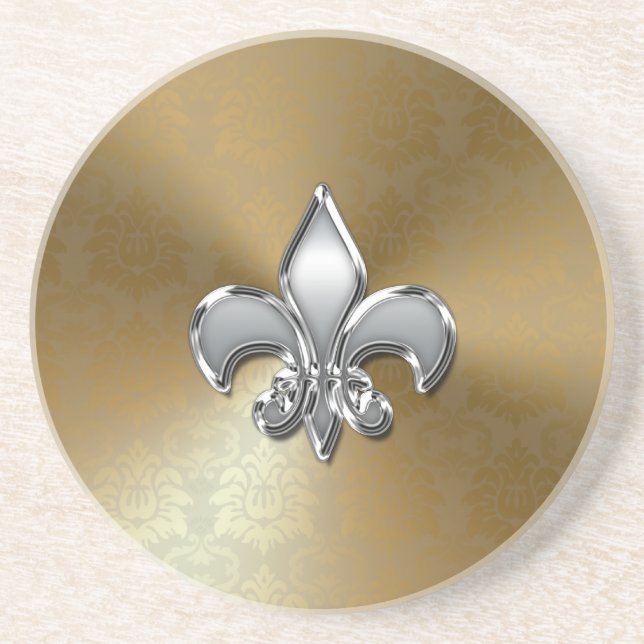 Silver Fleur-De-Lis on Gold Damask Coaster (Front)