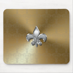 Silver Fleur-De-Lis on Gold Damask Mouse Mat