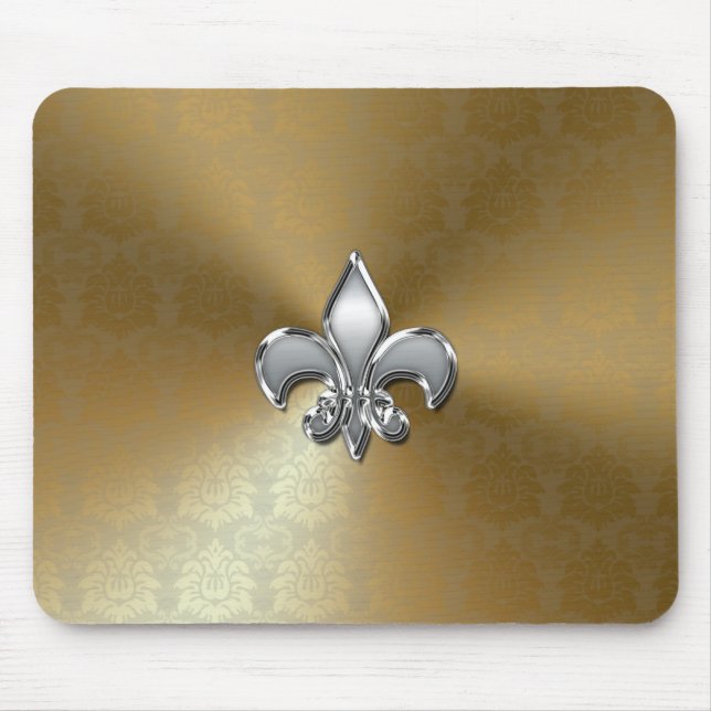 Silver Fleur-De-Lis on Gold Damask Mouse Mat (Front)