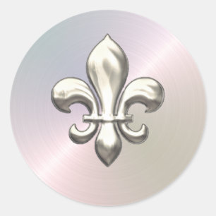 Silver Fleur de Lis on Pearl Classic Round Sticker