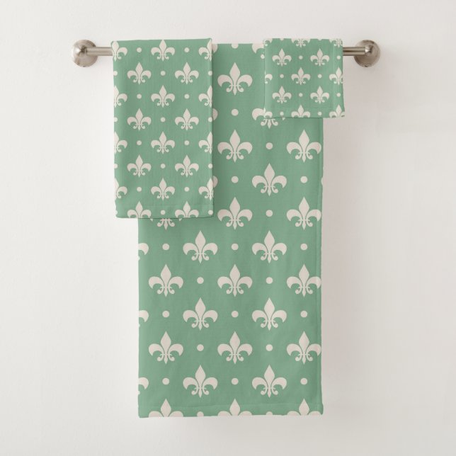 Silver Fleur De Lis pattern on green background Bath Towel Set (Insitu)