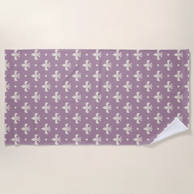 Silver Fleur De Lis pattern on purple background Beach Towel (Front)