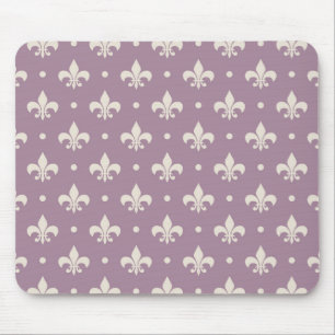 Silver Fleur De Lis pattern on purple background Mouse Mat