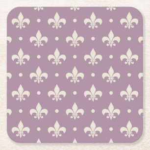 Silver Fleur De Lis pattern on purple background Square Paper Coaster