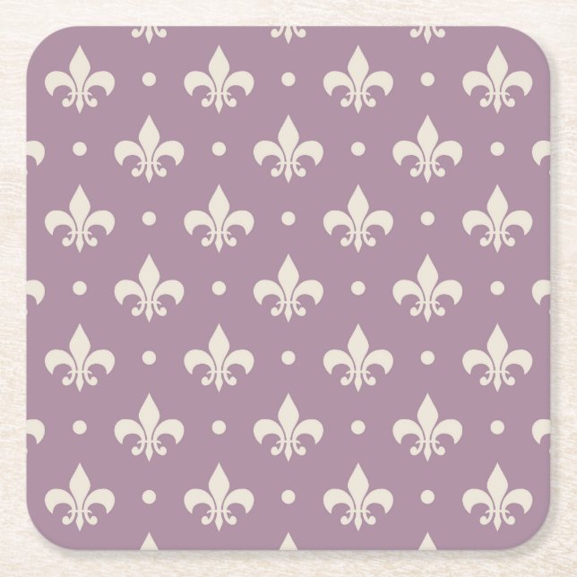 Silver Fleur De Lis pattern on purple background Square Paper Coaster (Front)