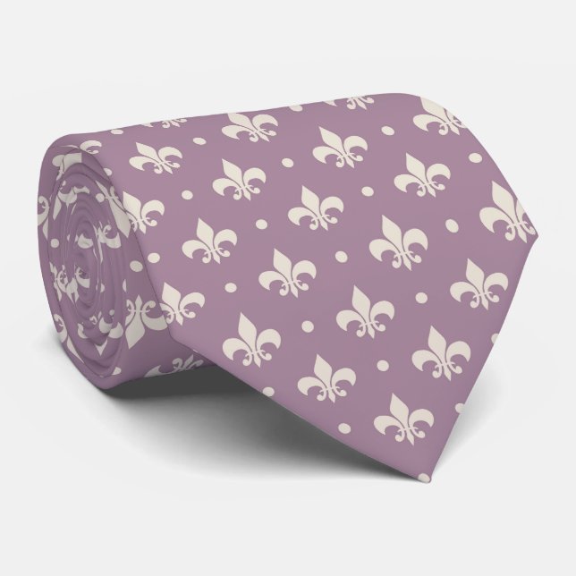 Silver Fleur De Lis pattern on purple background Tie (Rolled)