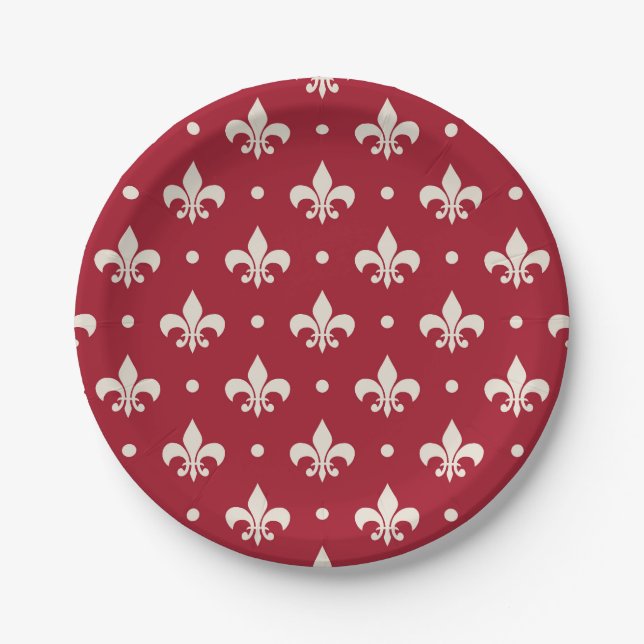 Silver Fleur De Lis pattern on red background Paper Plate (Front)