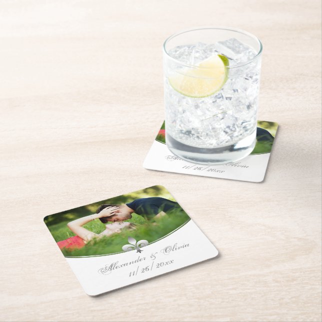 Silver Fleur de Lis Photo Wedding Paper Coasters (Insitu)