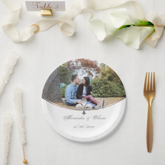 Silver Fleur de Lis Photo Wedding Paper Plate (Wedding)