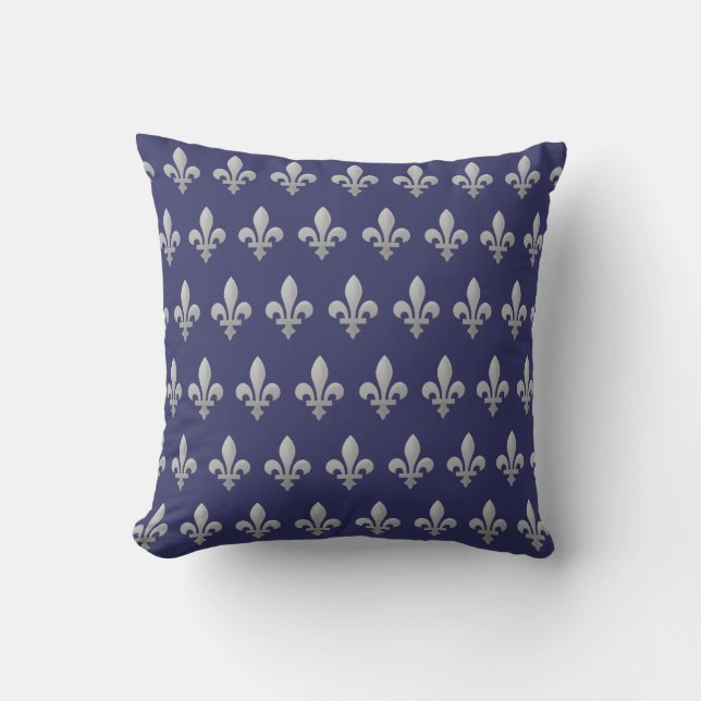 Silver Fleur de lys Floral Royal Blue Throw Pillow (Front)