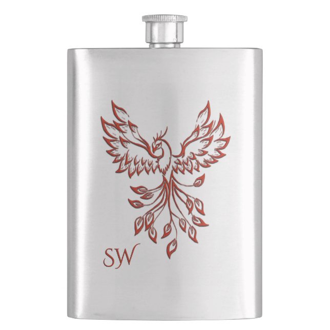Silver Flight of A Phoenix Monogrammed Hip Flask (Front)