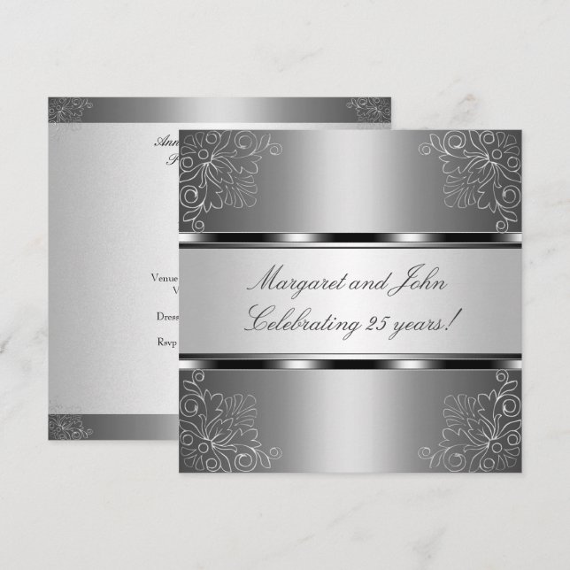 Silver Floral 25th Anniversary Party Event Invitation (Front/Back)