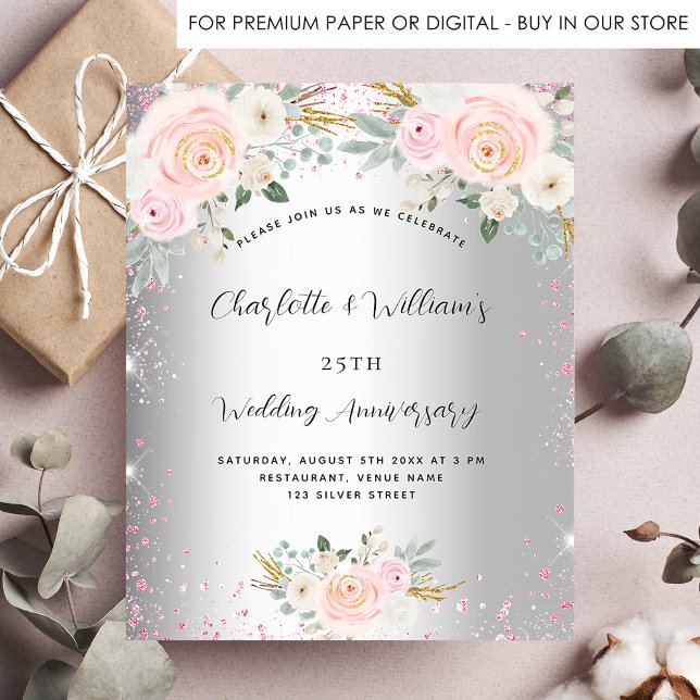 Silver floral 25th wedding anniversary invitation (Creator Uploaded)