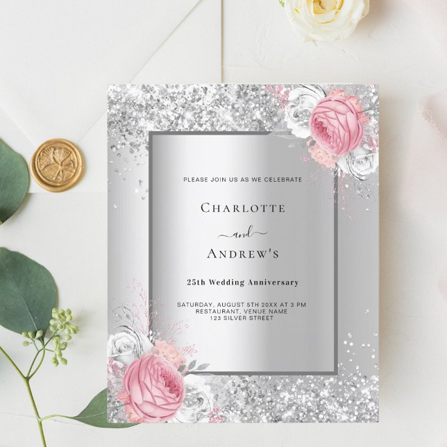 Silver floral 25th wedding anniversary invitation (Creator Uploaded)