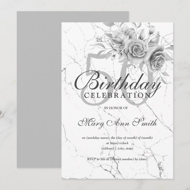 Silver Floral 50th Birthday Party Marble Invitation (Front/Back)