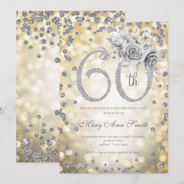 Silver Floral 60th Birthday Glam Lights Gold  Invitation (Front/Back)
