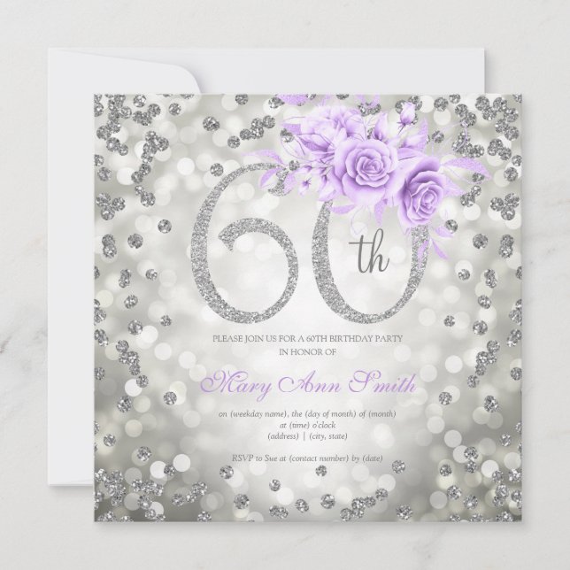 Silver Floral 60th Birthday Glam Lights Purple  (Front)